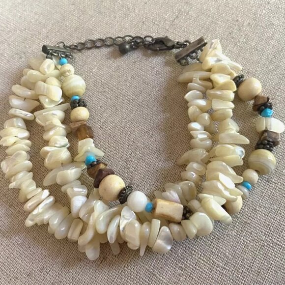 VINTAGE River Stone Turquoise Beads Stone Triple Chain Silver Bracelet BOHO - Picture 2 of 4